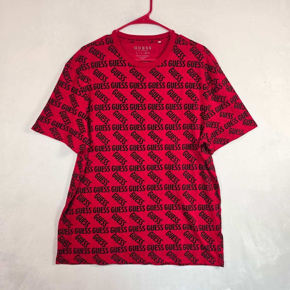 NEW Guess Shirt Men's XL Red Black Logo All Over Print Cotton Tee Monogram - Picture 10 of 12